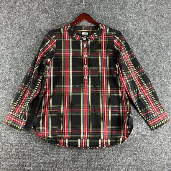 J Crew Blouse Womens Small Tartan Cotton Stretch Poplin Jewel Buttons Popover - Picture 1 of 8